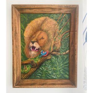Incredible Signed Framed Lion Painting